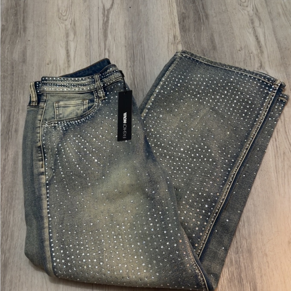Fashion Nova Grey Straight Leg Jeans with Studded Detail
